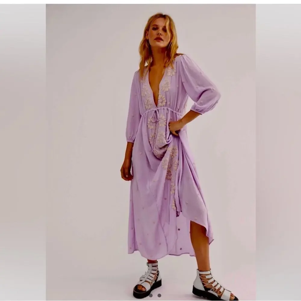 Free People Fable Dusty Lavender Embroidered Maxi Dress